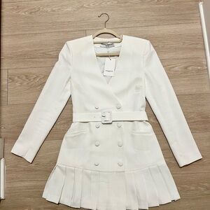 White Double-Breasted Pleated Dress